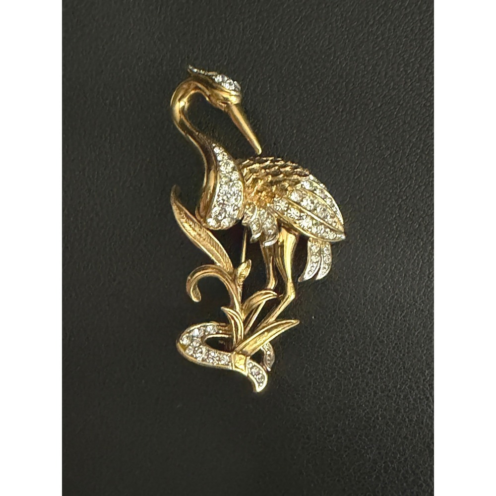 Vintage Bird Rhinestone Brooch Heron Crane Gold Tone